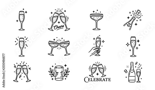 Photos Luxury Celebration Champagne Glass Outline Icons with Sparkle Elements Vector Se
