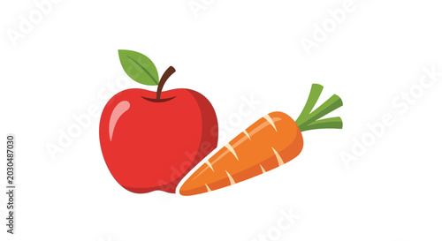 Photography Red apple and orange carrot, healthy food illustration