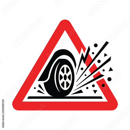 Red triangle warning road sign showing loose chippings flying from tire vector illustration.