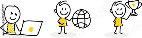 Stick Figure Global Business and Tech Set: Working on Laptop, Global Network Globe, and Holding Winner Trophy Cup for Success