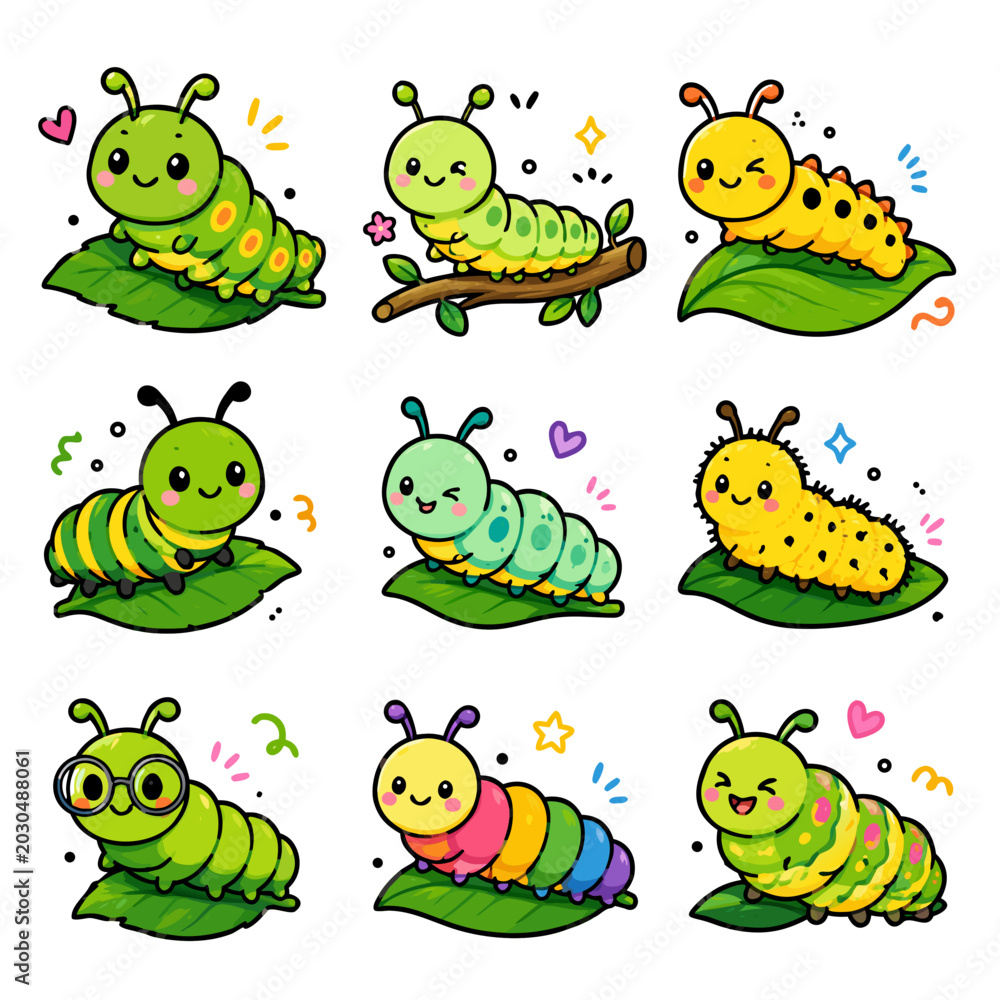 Obraz premium Cute Colorful Caterpillar Doodle Icon Pack Set in 3x3 Grid Cartoon Style