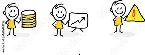 Stick Figure Business and IT Concepts Set: Database Server, Financial Growth Chart, and Warning Alert Sign for Risk Management