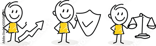 Stick Figure Business Concepts Set: Growth Arrow, Shield of Security, and Scales of Justice for Success and Compliance