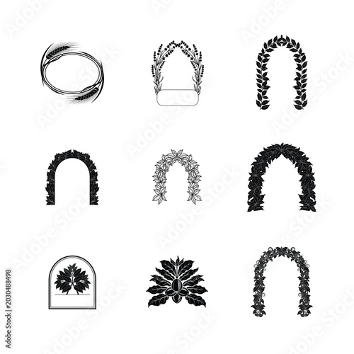 Detailed Leafy Wedding Arch Sketches Hand Drawn Botanical Portal Frames and Natural Leaf Border Elements