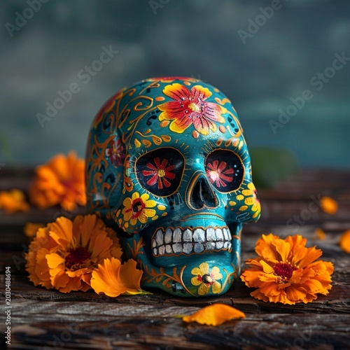 Brightly Colored Decorative Skull with Orange Flowers and Blurred Background