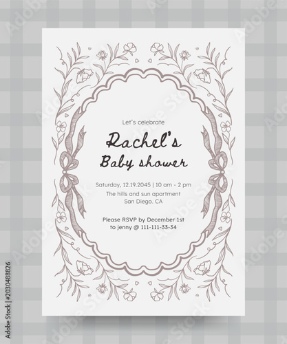 hand drawn baby shower poster floral and ribbon coquette border frame in vintage style