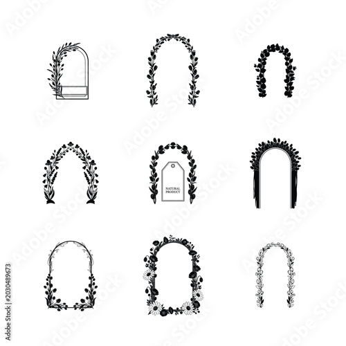 Minimalist Botanical Arch Frames Set Hand Drawn Leafy Portal Sketches and Outline Vectors