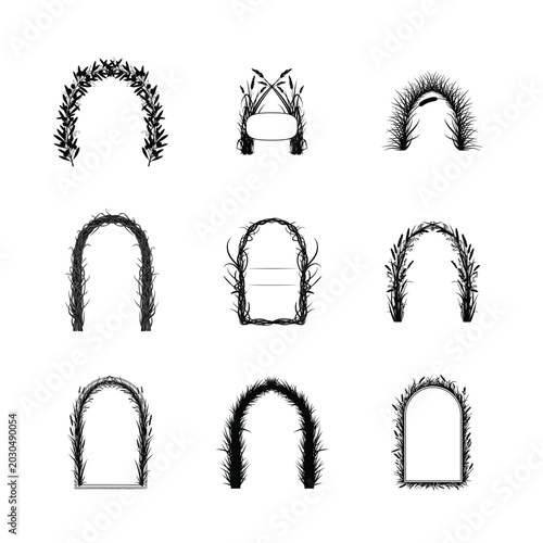 Mirrored Branch Arch Designs Symmetrical Botanical Portals and Leafy Outline Set
