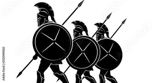 Cuadro en lienzo Three Spartan Warriors Silhouette with Shields and Spears
