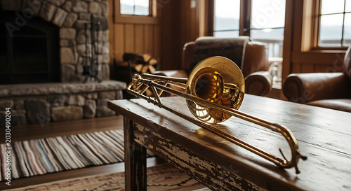 Brass trombone resting on rustic table in cozy living room setting