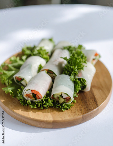 Vegetable salad roll on wood tray, healthy food. Selective focus. buffet table corporate.