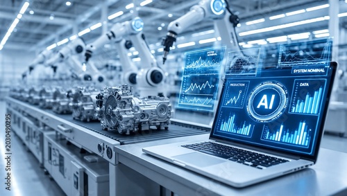 Artificial intelligence system monitoring industrial robots and manufacturing process on production line with laptop displaying data analytics and graphs in futuristic factory setting