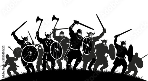 Fotografía Viking Warriors Battle Silhouette, Ancient Norse Invaders with Swords and Axes