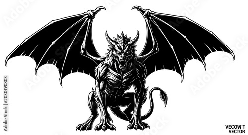 Tableau sur toile Winged Gargoyle Statue Black and White Vector Illustration