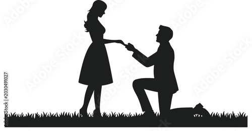 Cuadro en lienzo Marriage proposal silhouette, man proposing to woman on one knee, romantic vecto