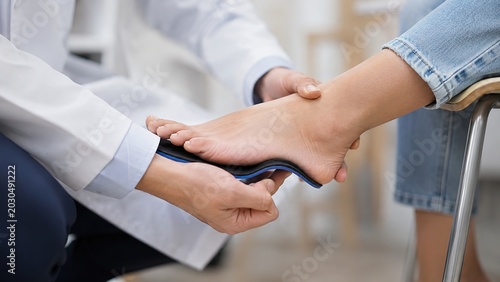Podiatrist examining patient foot with orthopedic insole during medical consultation in clinic. Foot care, podiatry treatment, orthopedic support, rehabilitation, and healthcare concept. Close up.