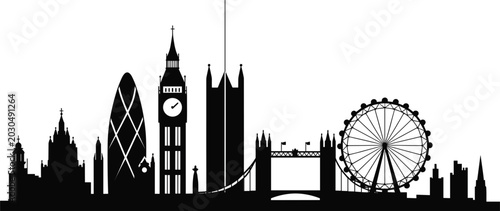 Photography London skyline silhouette, famous landmarks cityscape with Big Ben and London Ey
