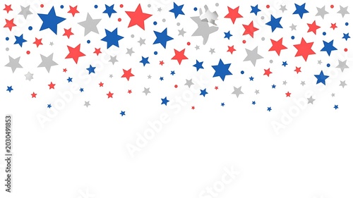 Red white and blue star confetti on white background