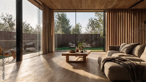 Bright and airy modern living room with wooden accents, floor-to-ceiling windows, and garden view