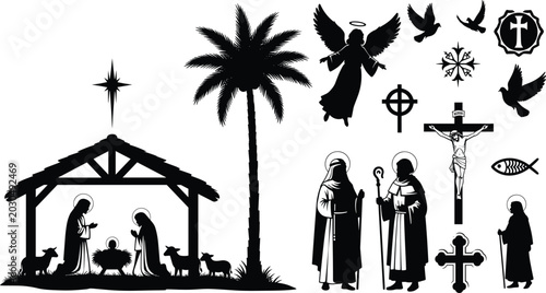 Foto Christian Religion Silhouette Collection Featuring Nativity Scene Angels Crosses