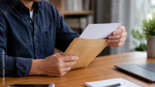 Man opening envelope and reading important document or letter at home office. Close up. Mail delivery, paperwork, business correspondence, financial notice, and personal communication concept.