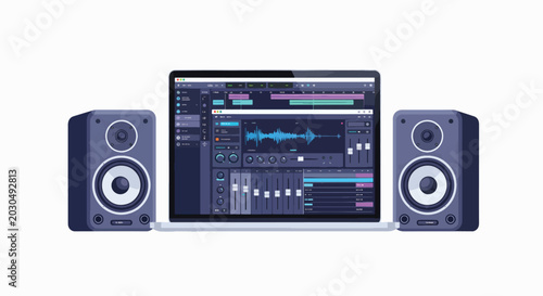 A laptop with audio editing software on the screen flanked by two speakers on a plain white background.