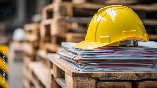 A yellow construction helmet lies on a stack of documentation and drawings on wooden pallets at a construction site, representing the concept of occupational health and safety.