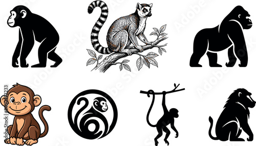Photography Monkey and Primate Illustration Collection with Gorilla Silhouettes, Cartoon Mon