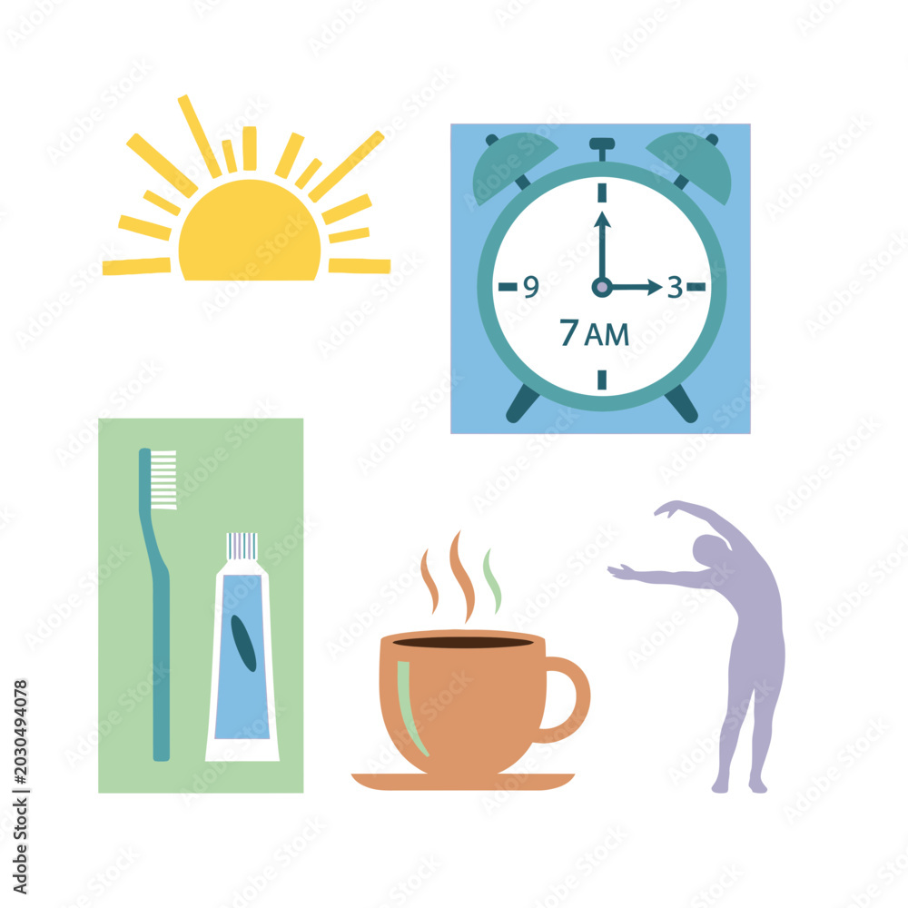 Fototapeta premium Morning Routine Icons: Sunrise, Alarm Clock, Coffee, Hygiene, Exercise