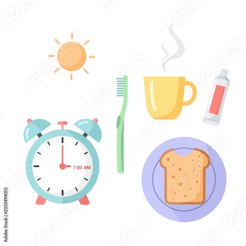 Morning Routine Flat Design Icons: Alarm Clock, Toothbrush, Coffee, Toast