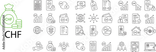 Photos Swiss Franc (CHF) Currency and Financial Banking Linear Vector web Icon Set Feat