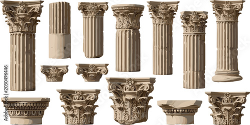 Foto Realistic ancient stone columns vector illustration set with ornate capitals, fl