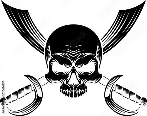 Fotografi Pirate skull crossbones with crossing sabers or scimitar cutlass pirate swords