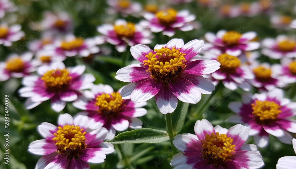 Fototapeta premium Delicate white and magenta wildflowers bloom in bright sunshine