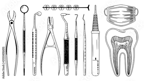 Photos Vintage dental tools and tooth cross-section medical instruments set face mask