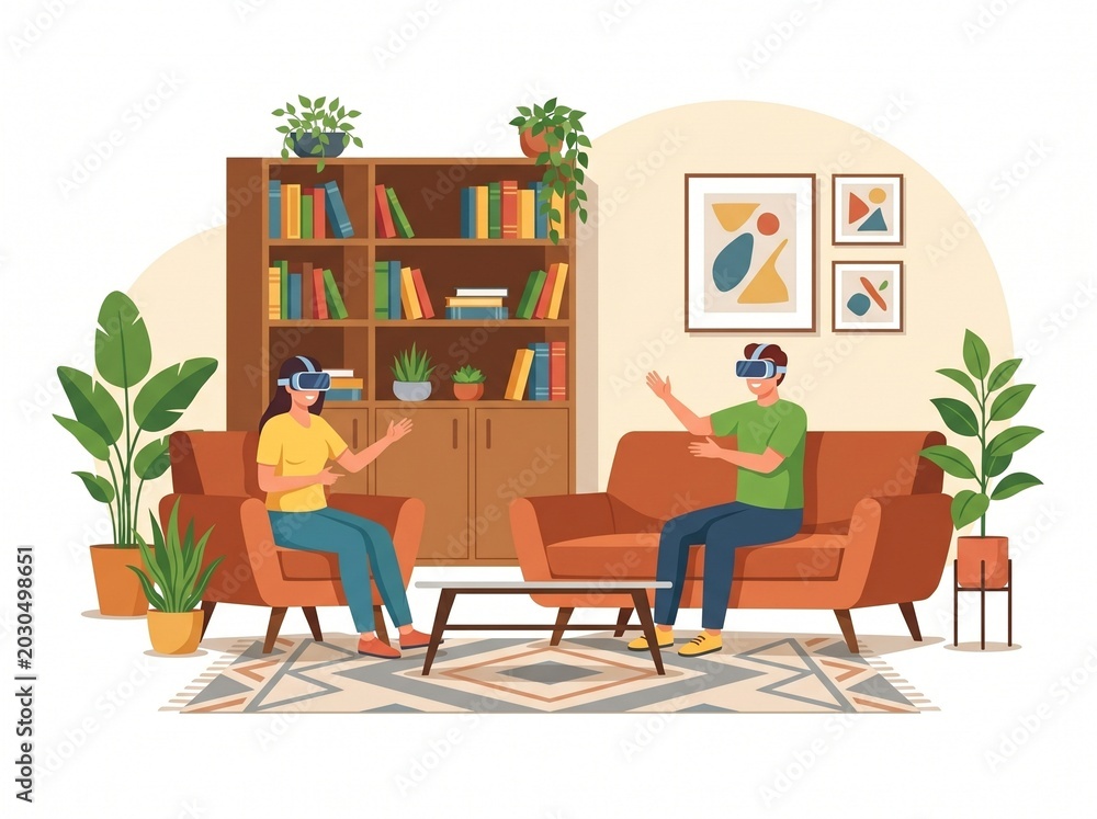 Fototapeta premium People experiencing virtual reality using vr headsets in a modern living room setting with books, plants, and stylish furniture, vector isolated on white