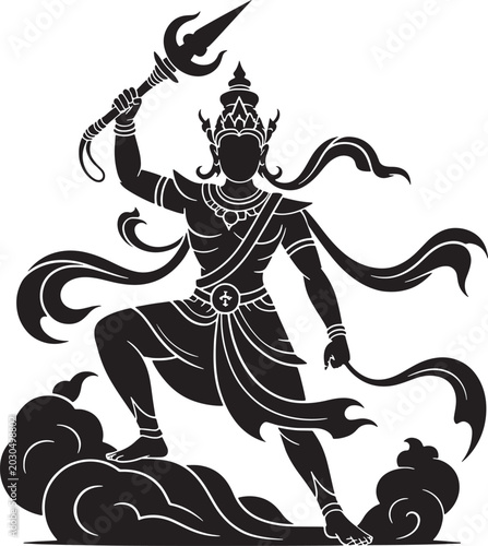 Powerful Lord Shiva black silhouette vector with trident and flowing ornaments