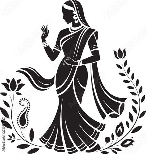 Traditional Indian woman silhouette vector with floral spiritual decorative elements