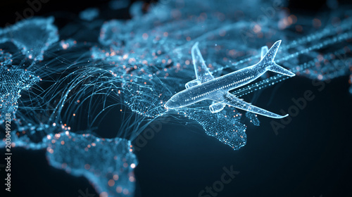 A digital illustration of a plane flying over a networked map of the world