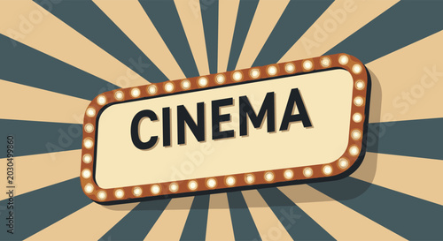 Retro cinema marquee sign with glowing light bulbs against a dramatic blue and gold sunburst rays background.