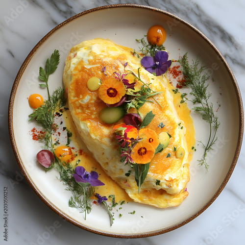 Gourmet omelette creation modern kitchen food photography bright environment close-up view culinary art