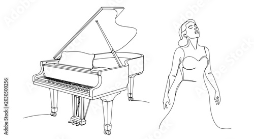 Tableau sur toile Opera Singer and Grand Piano Line Art - Elegant Music Performance