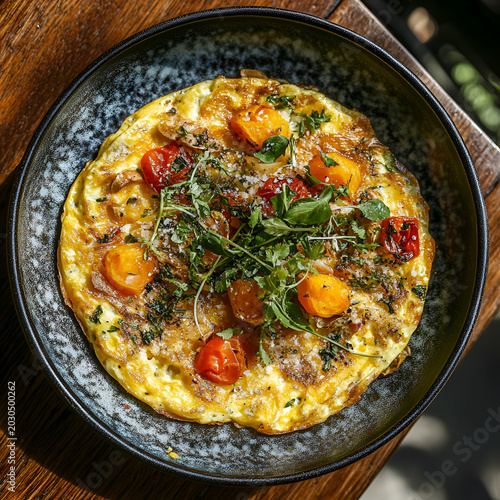 Delicious omelette with cherry tomatoes cozy  food photography bright natural light close-up view culinary delight