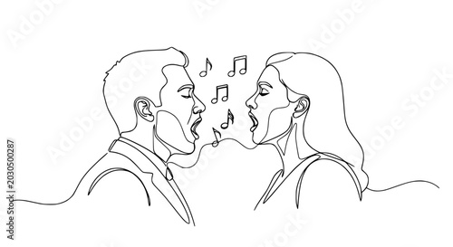 Fotografie Couple singing together, one line drawing, music notes, duet performance, artist