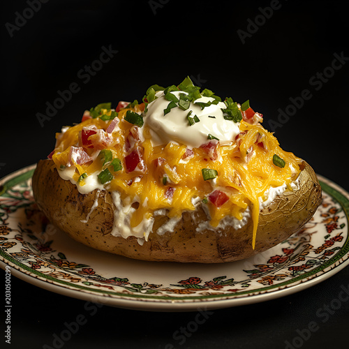 Baked potato topped with cheese and sour cream kitchen food photography indoor close-up culinary delight