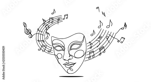 Fotografija Abstract single line drawing of a theatrical mask with musical notes swirling around it
