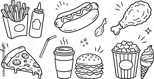 Foto Minimalist fast food line art bundle featuring burger pizza slice fries hot dog