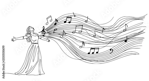 Foto Woman singing, musical notes flowing like hair, creative expression, artistic fr
