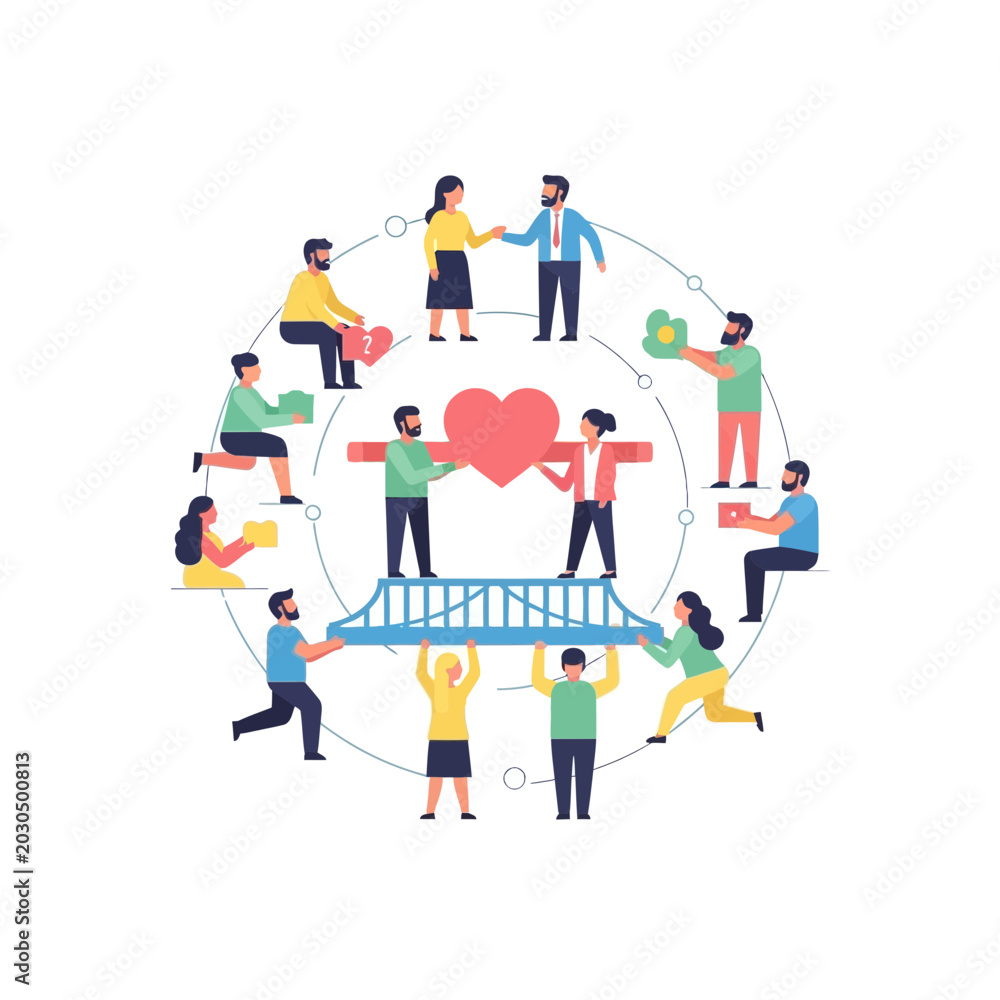 Fototapeta premium Teamwork bridge connecting people with heart symbol