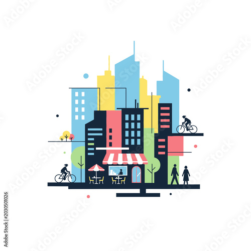 Urban Lifestyle Flat Design: Cityscape, Cycling, Cafe, People